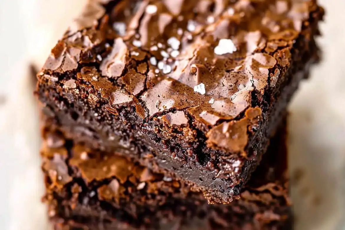 close-up of rich, chewy fudge brownies with shiny cracked tops and sea salt