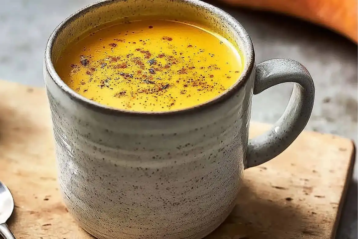 Golden milk recipe served in a ceramic mug with sprinkled cinnamon on top