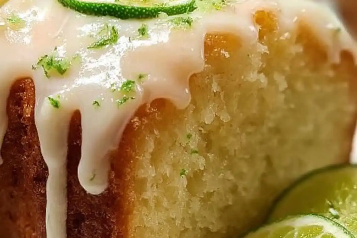 Close-up of key lime pound cake with glaze and lime zest on top