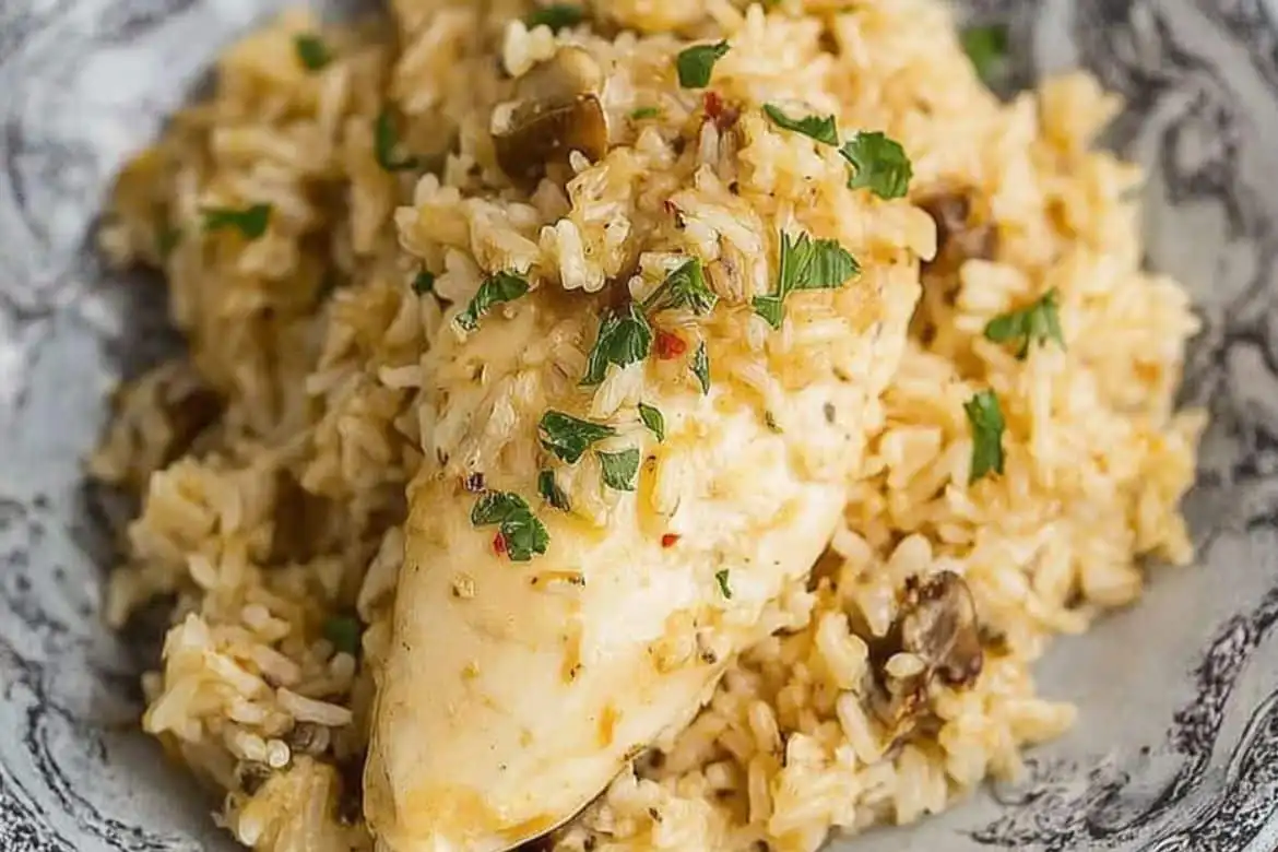 No-Peek Chicken and Rice served with creamy rice and herbs