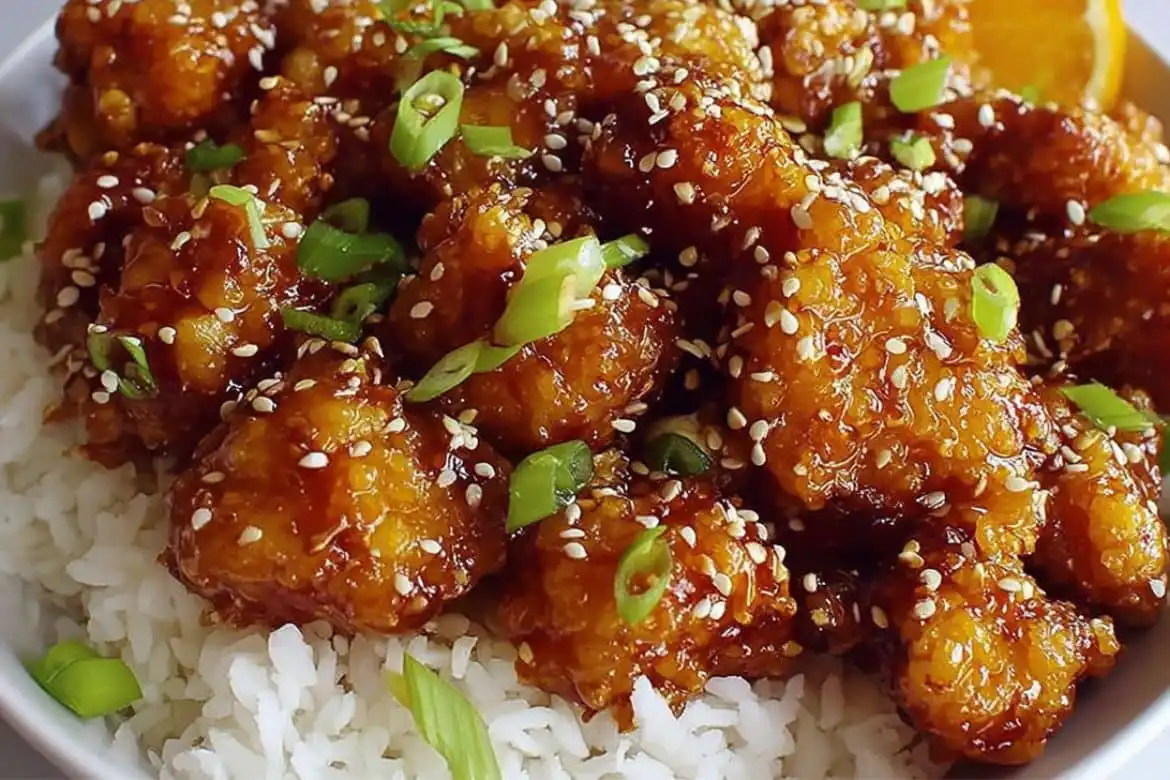 Crispy Panda Express orange chicken served over white rice, topped with sesame seeds and sliced green onions