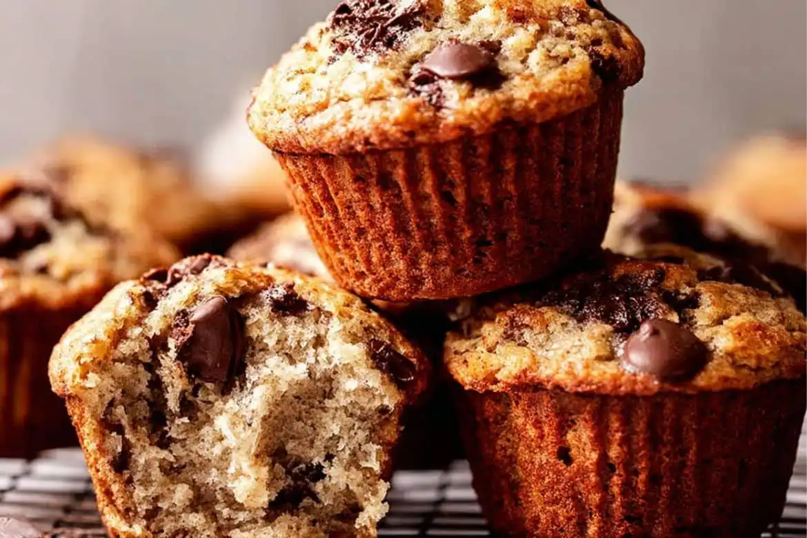 Peanut butter banana muffins with chocolate chips on cooling rack
