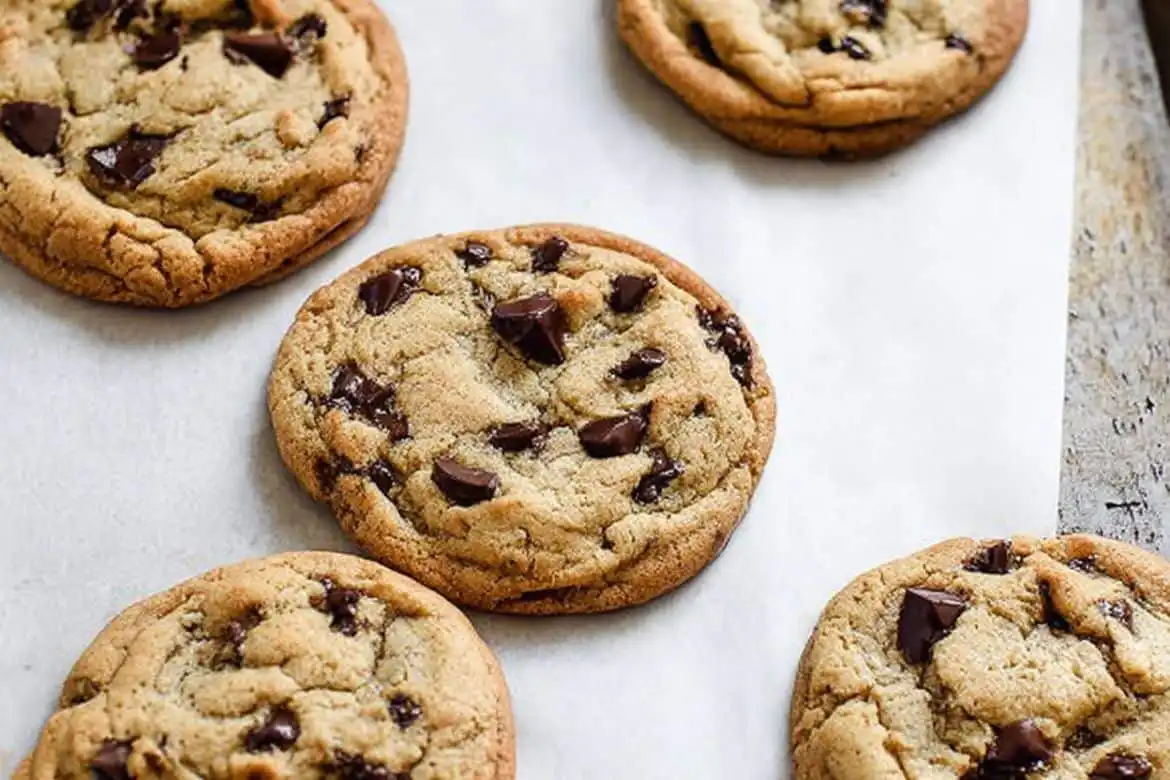 Freshly baked small batch chocolate chip cookies on parchment paper