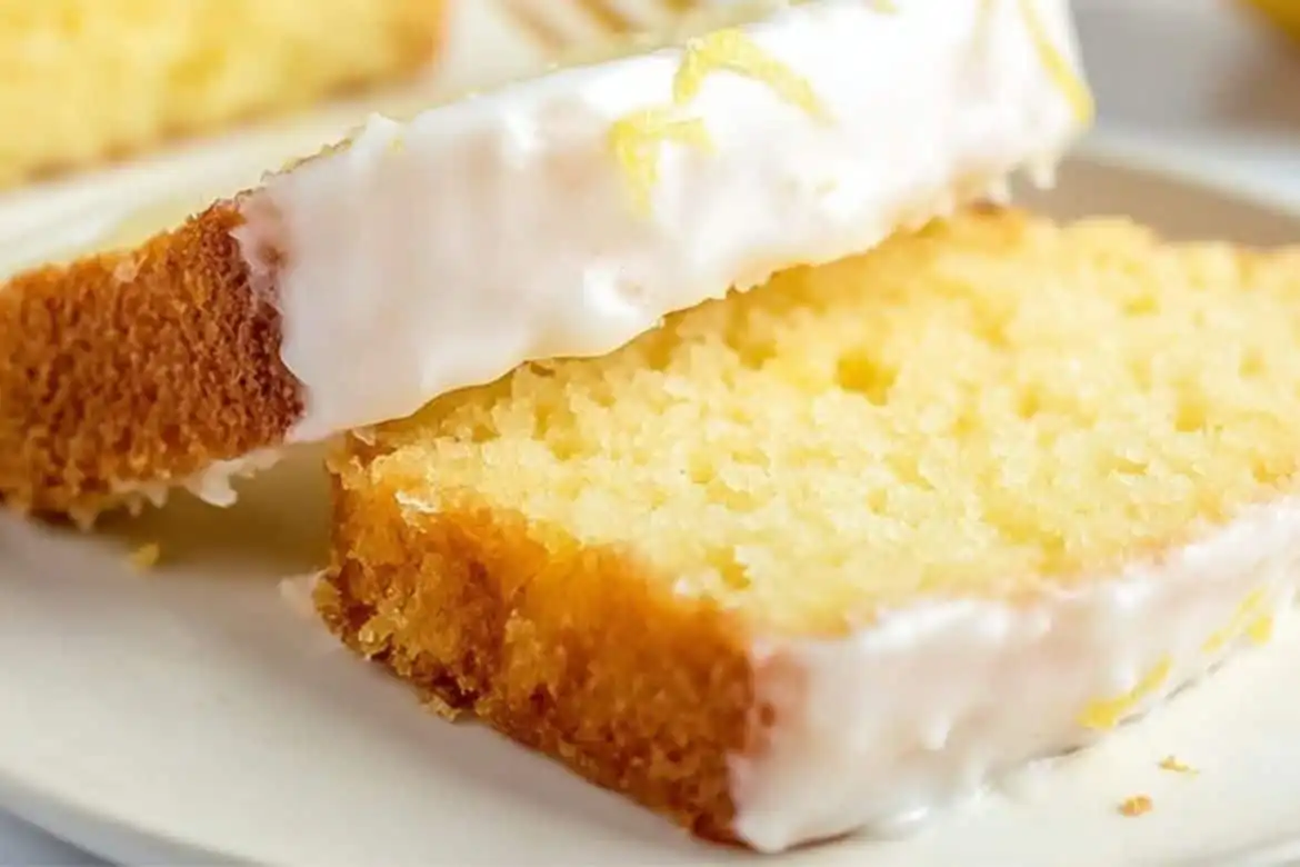 Close-up of a slice of Starbucks lemon loaf with lemon glaze