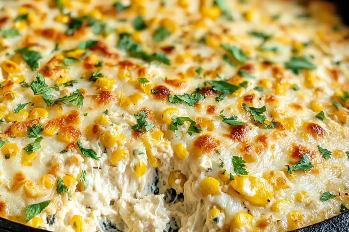 Cheesy baked elote dip topped with golden corn and cilantro