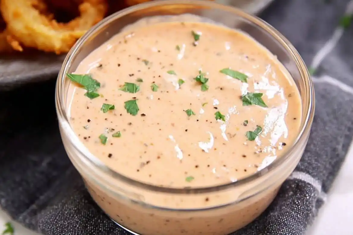 Blooming Onion Sauce in a small glass bowl garnished with parsley and cracked pepper