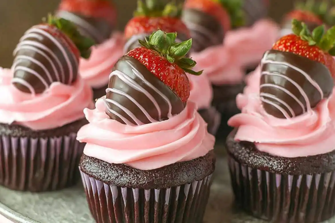 Chocolate covered strawberry cupcakes with pink frosting