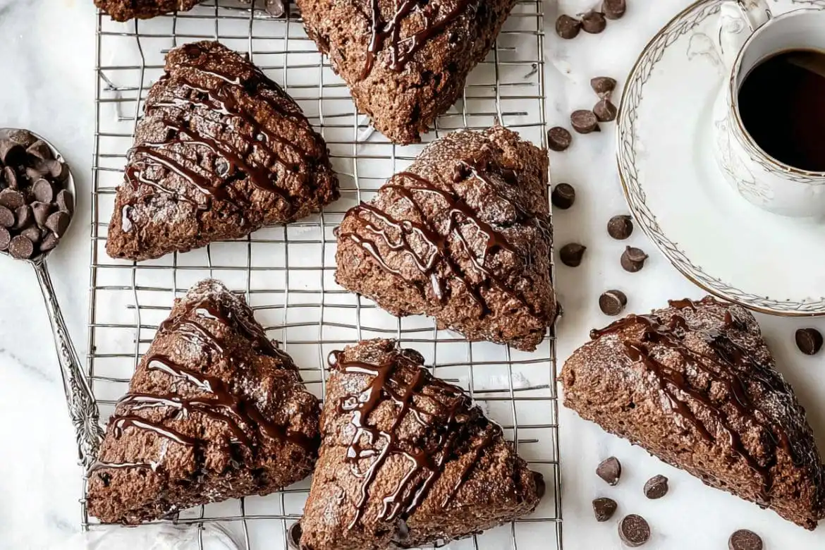 Chocolate scones with chocolate drizzle on cooling rack