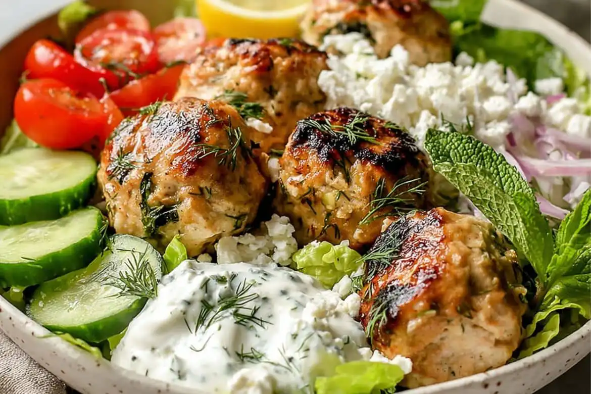 Greek chicken meatballs with tzatziki, feta, cucumber, and herbs in a Mediterranean bowl