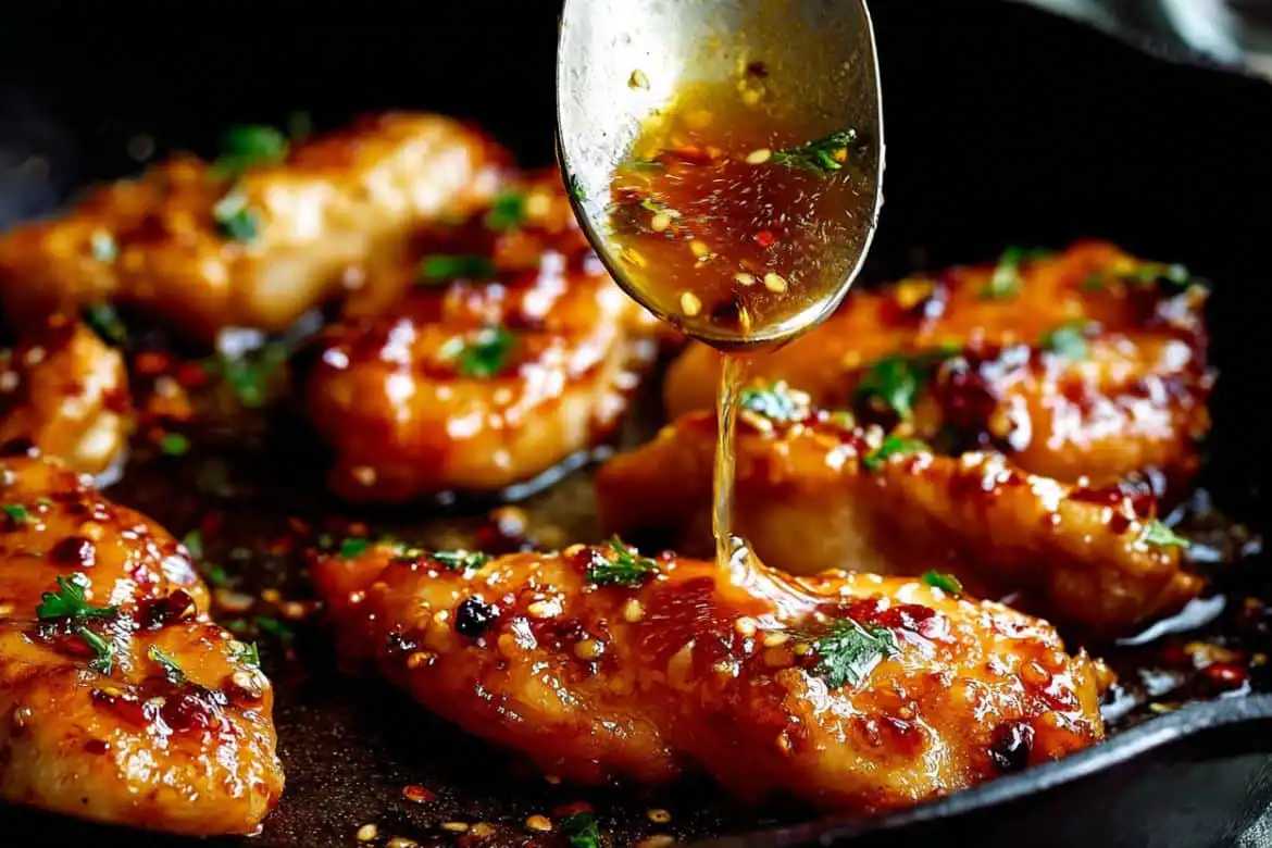 Close-up of honey garlic chicken with glaze being spooned over