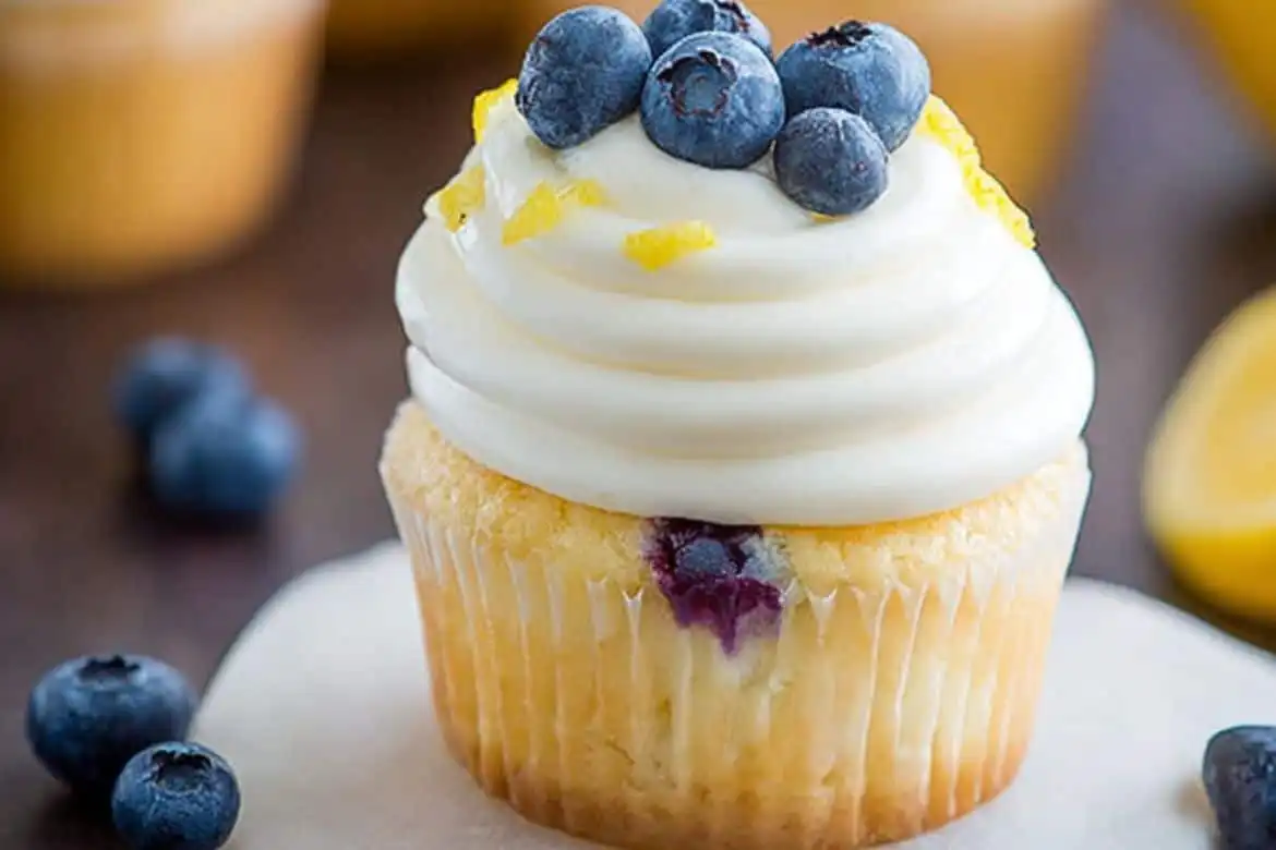 Lemon blueberry cupcake with cream cheese frosting and fresh blueberries