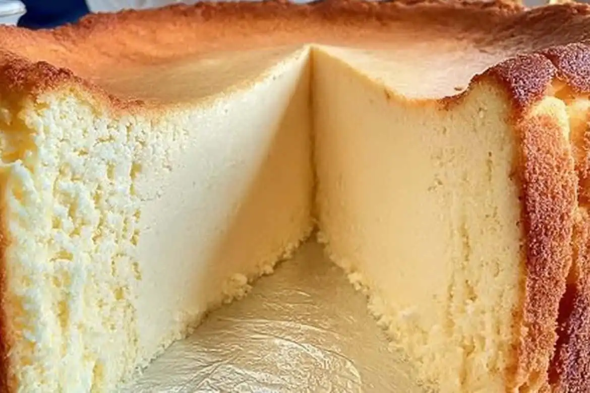 Slice of million dollar cream cheese pound cake showing rich, dense, creamy texture and golden baked edges