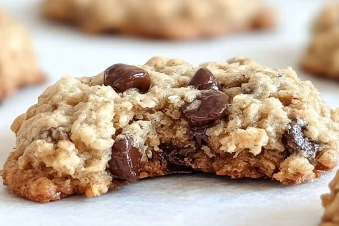 Close-up of chewy oatmeal breakfast cookie with melted chocolate chips