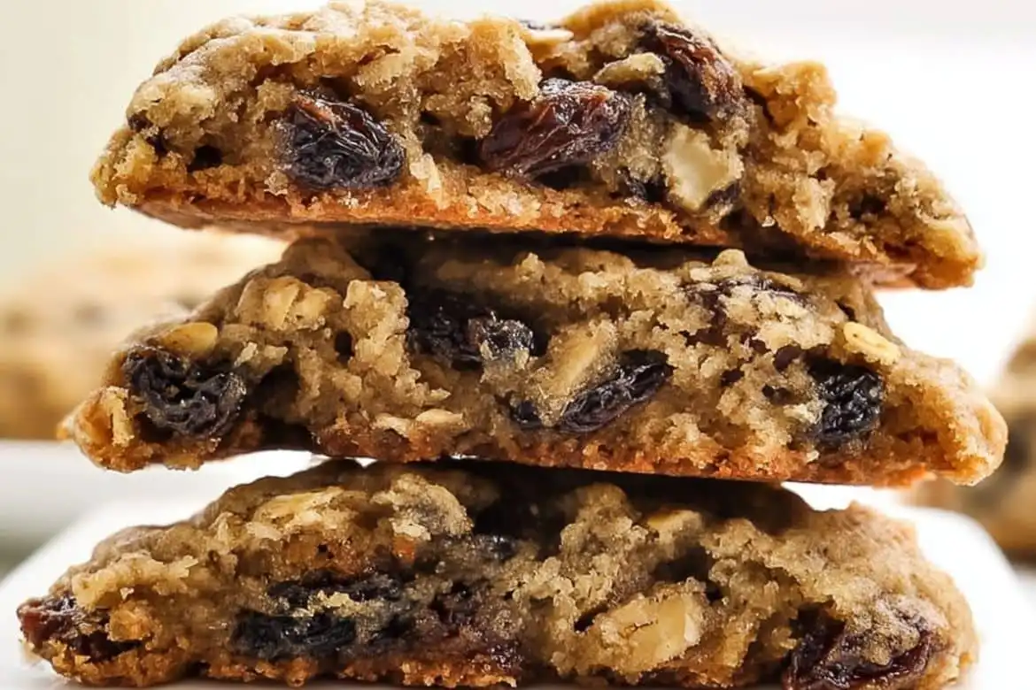 Soft and chewy oatmeal raisin cookie broken in half showing moist texture and raisins