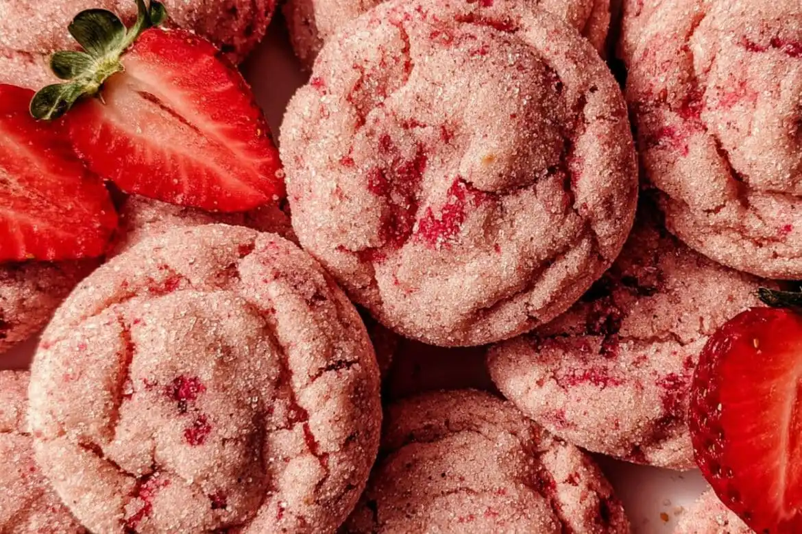 Soft strawberry sugar cookies coated in sugar with fresh strawberries on the side, showing a cracked pink cookie texture
