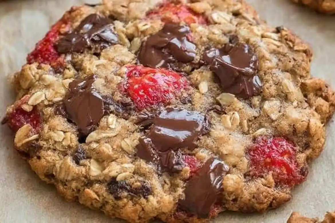 Strawberry oatmeal breakfast cookie with chocolate chunks