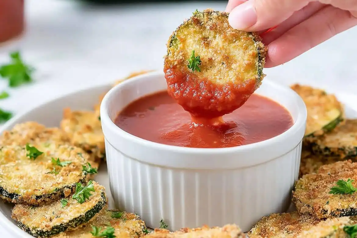Crispy air fryer zucchini chip being dipped in marinara sauce