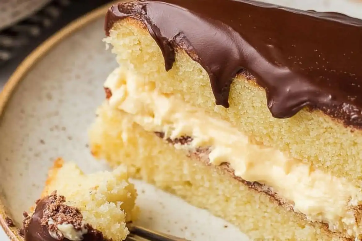 Slice of Boston cream pie with pastry cream filling and chocolate ganache