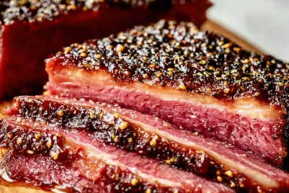 sliced corned beef recipe with mustard and spice crust