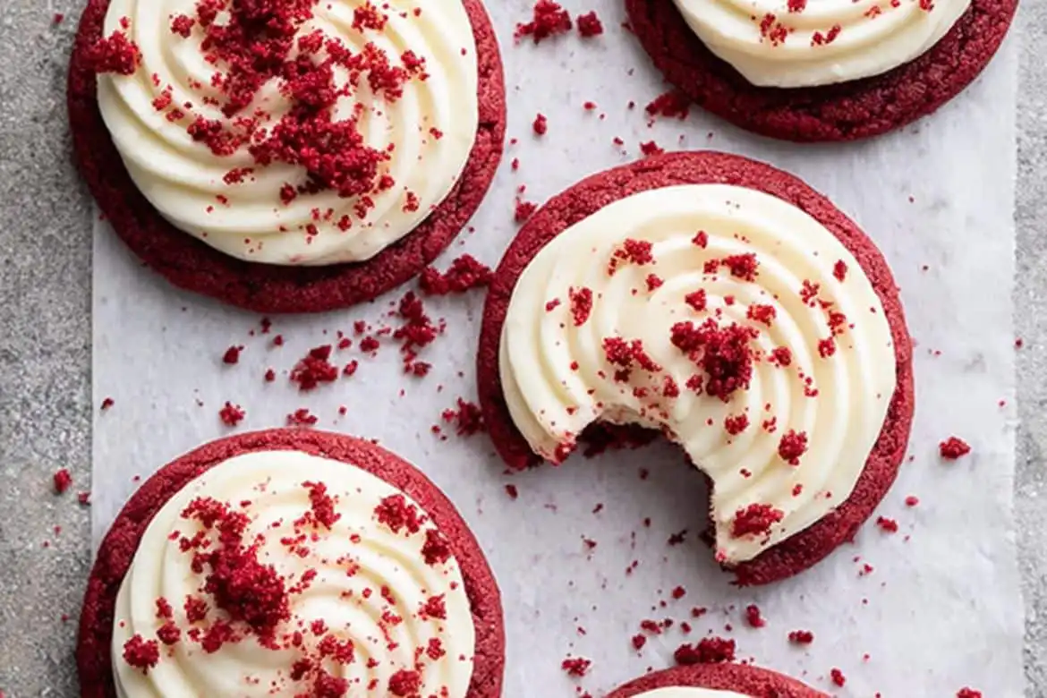 Frosted red velvet cookies with cream cheese swirl and red crumb topping