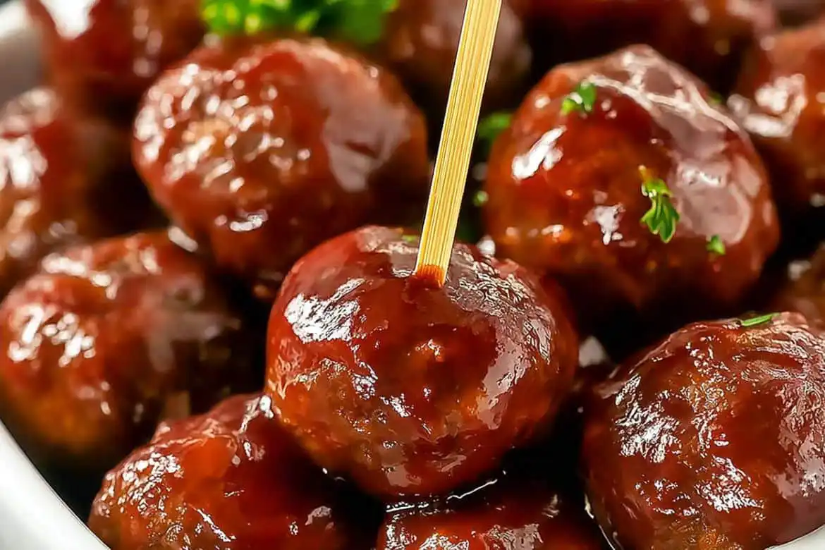 Close-up of grape jelly meatballs glazed with sauce and garnished with parsley