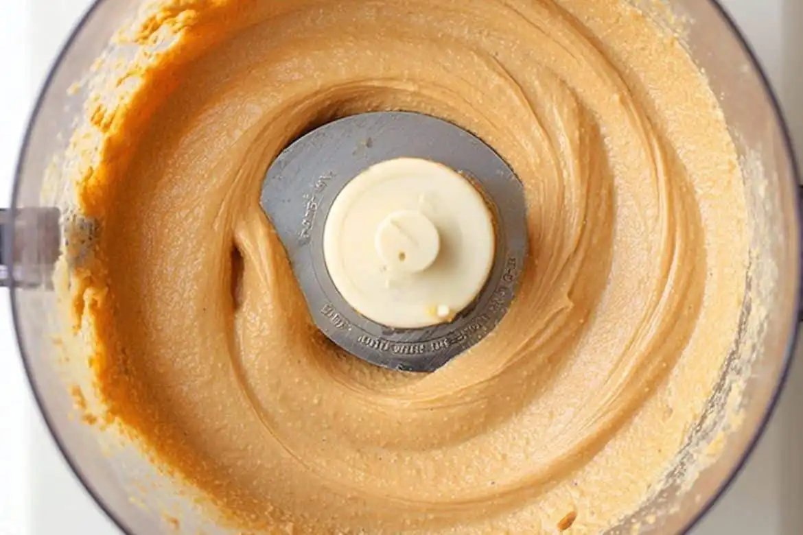 Smooth homemade peanut butter blending in food processor