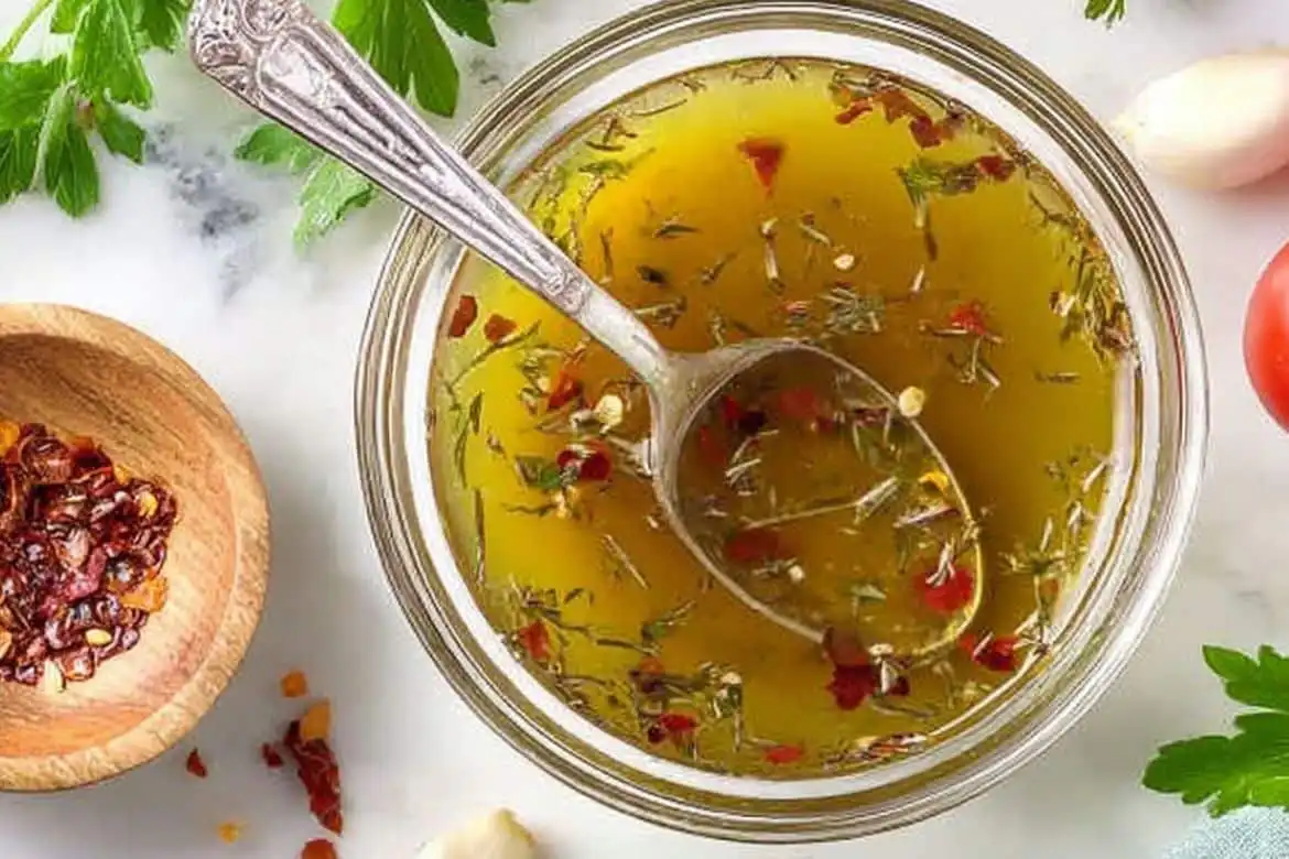 homemade italian dressing in glass bowl with herbs and red pepper flakes