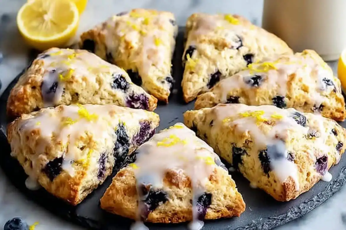 Freshly baked lemon blueberry scones with lemon glaze on a serving plate