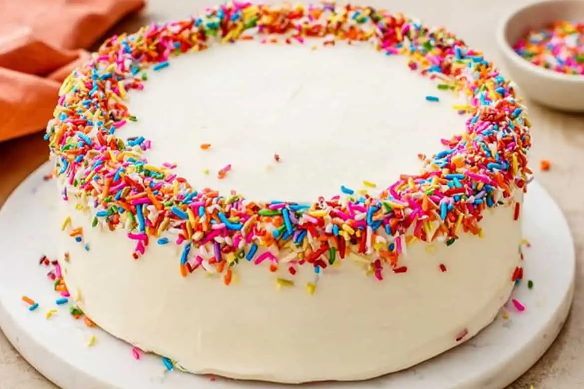 Moist vanilla cake with buttercream frosting and rainbow sprinkles on top