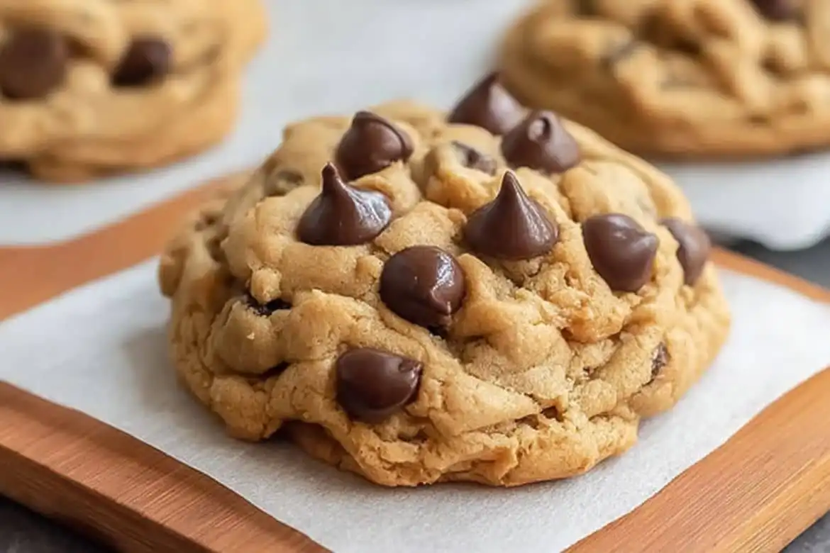 Soft and chewy peanut butter chocolate chip cookie with melty chocolate chips