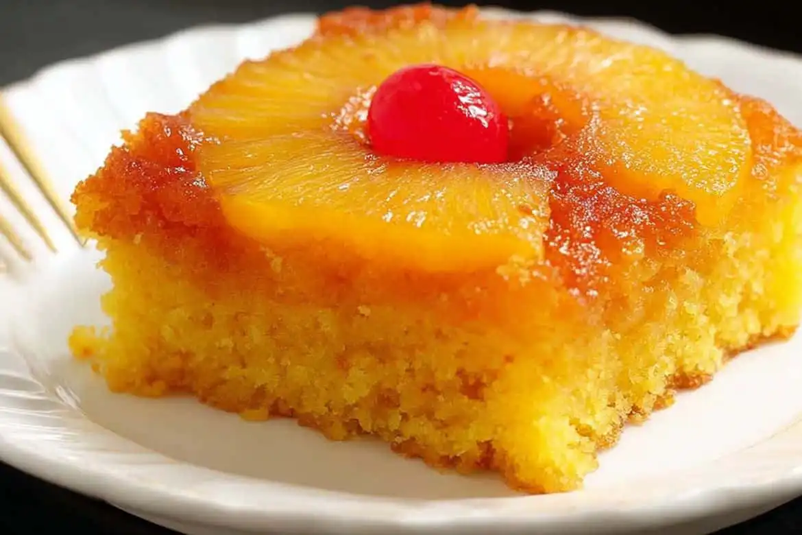 slice of pineapple upside down cake with caramelized pineapple ring and cherry