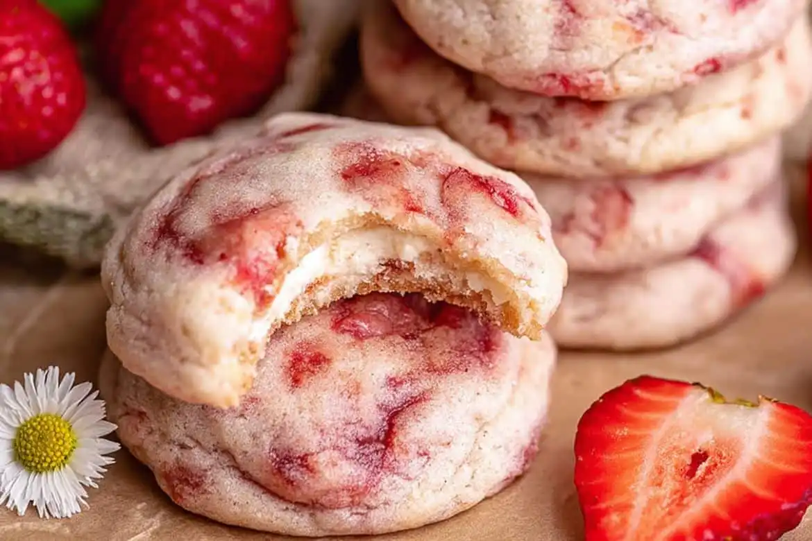 Strawberry cheesecake cookies with creamy cheesecake filling and swirls of real strawberry jam