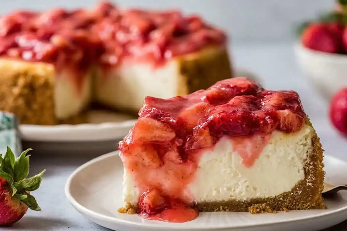 slice of strawberry cheesecake topped with fresh strawberry sauce