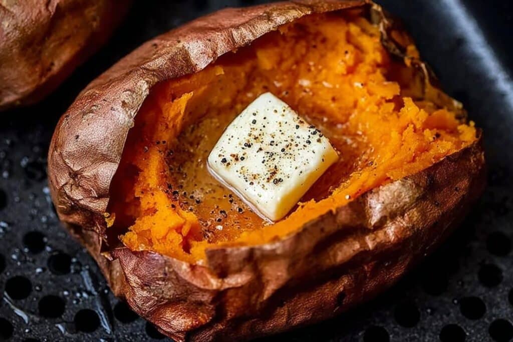 Air fryer baked sweet potato with melted butter and black pepper