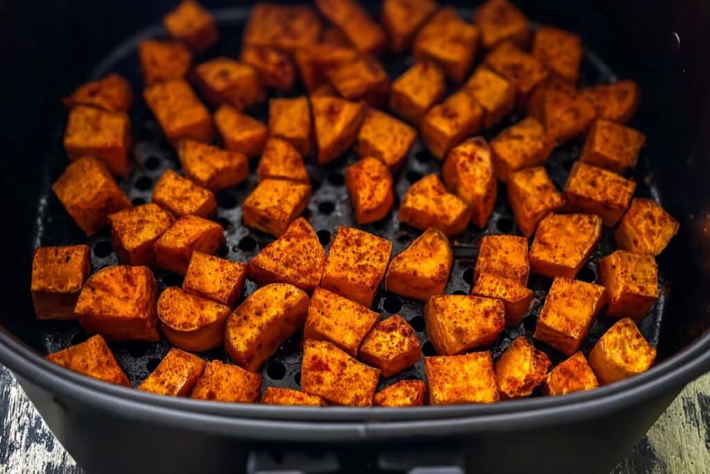 Air fryer sweet potato cubes crispy and golden in basket