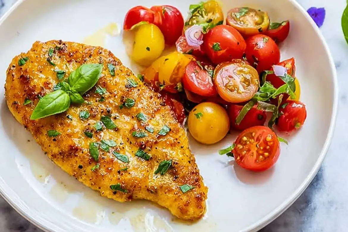 Baked Lemon-Pepper Chicken served with cherry tomato salad on a white plate
