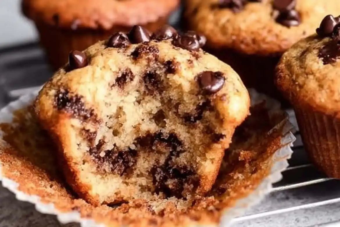 inside view of a chocolate chip muffin with gooey chocolate chips