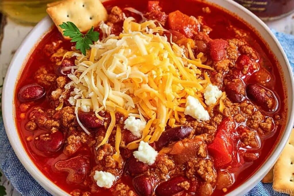 Copycat Wendy’s Chili Recipe with ground beef, kidney beans, cheddar cheese, and saltine crackers