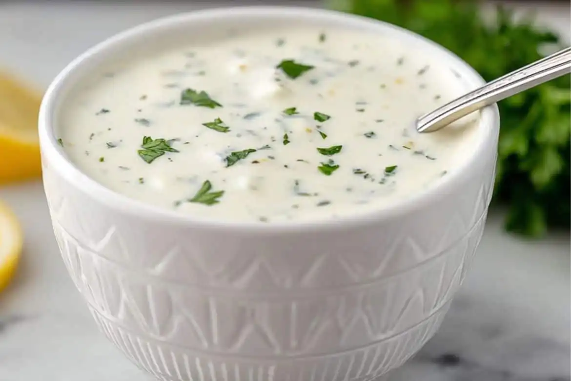Creamy homemade garlic dipping sauce in a white bowl with parsley and lemon