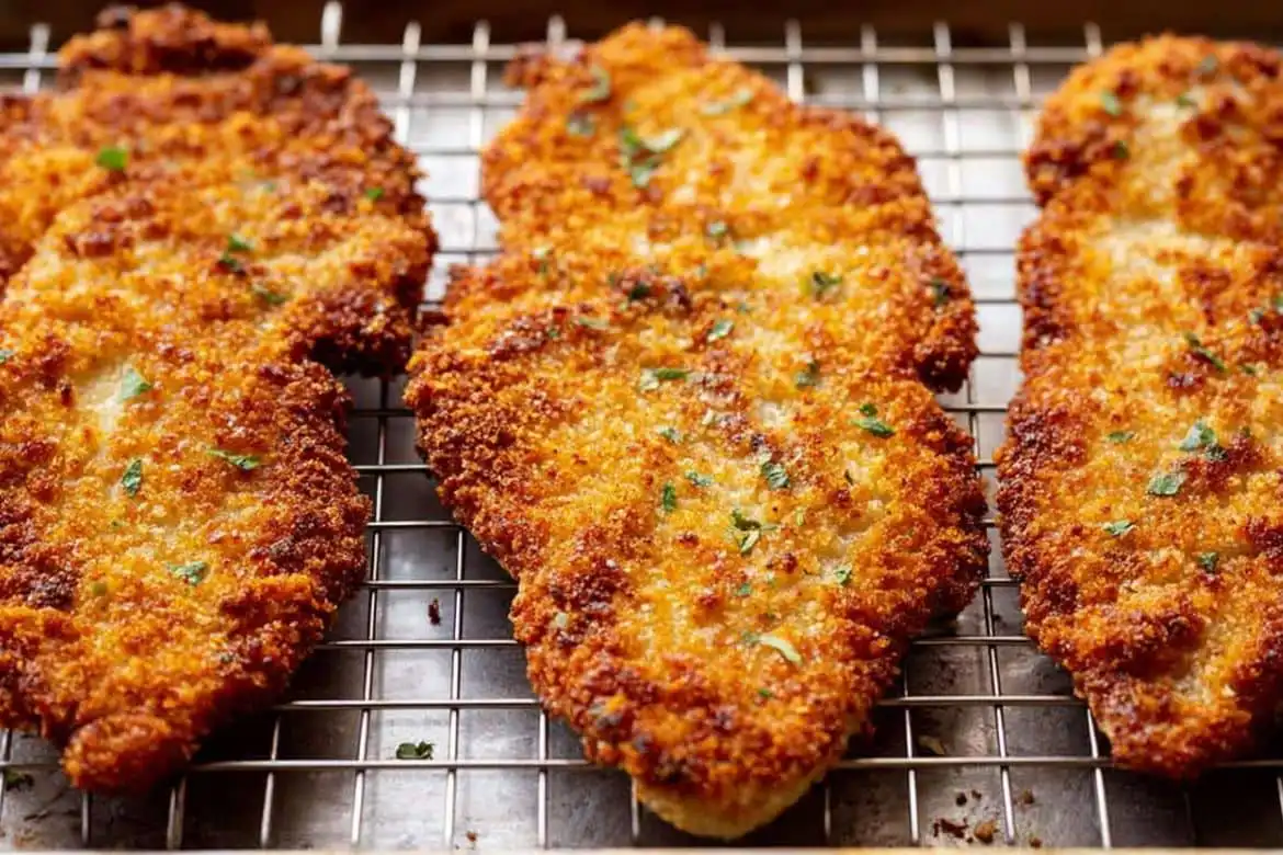 Crispy Italian Breaded Chicken Cutlets cooling on wire rack after frying