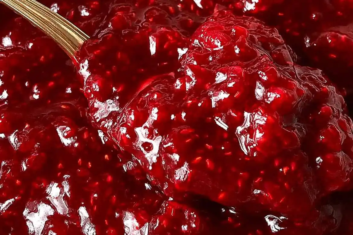Close-up of thick homemade raspberry cake filling with glossy texture