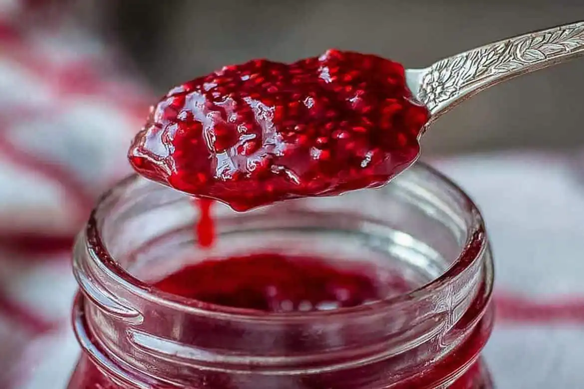 Raspberry Compote on spoon above glass jar with dripping berry sauce