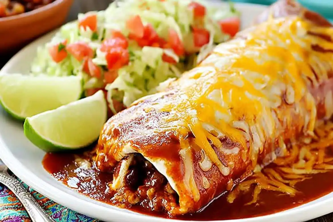 Smothered Burritos covered in red enchilada sauce and melted cheese served with lime and salad