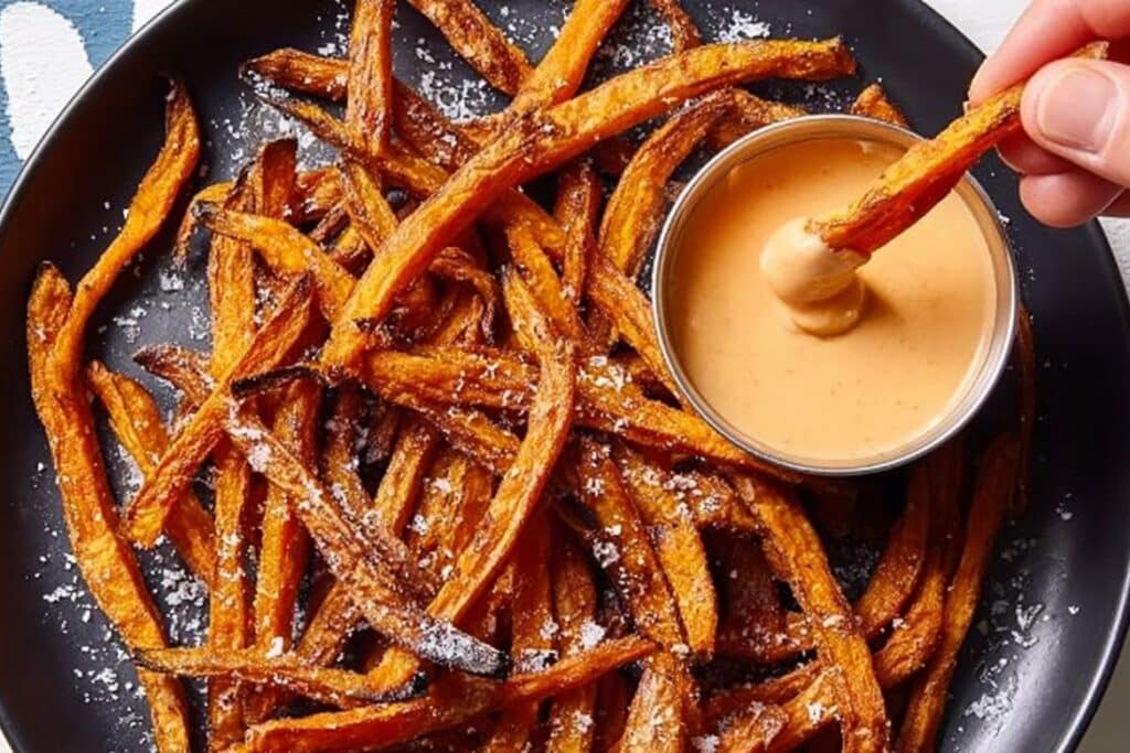 Crispy air fryer sweet potato fries with smoky dipping sauce