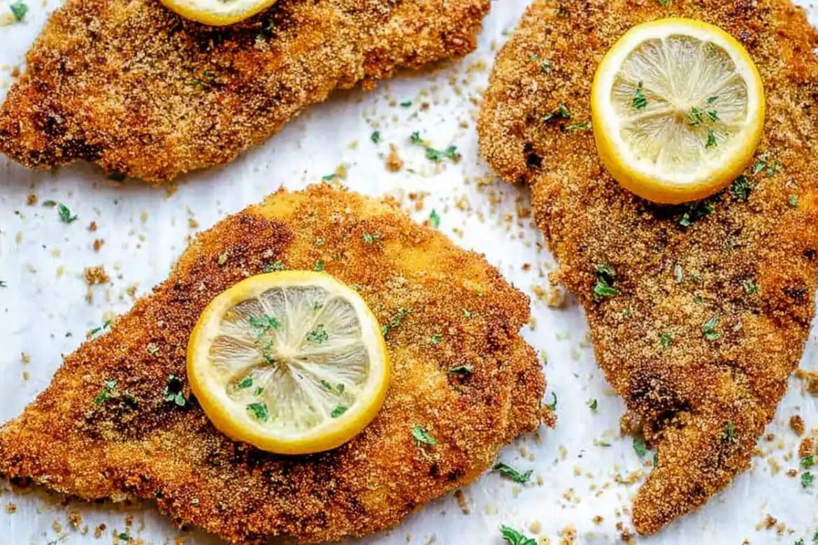 Baked chicken cutlets topped with lemon slices and fresh parsley on a baking sheet
