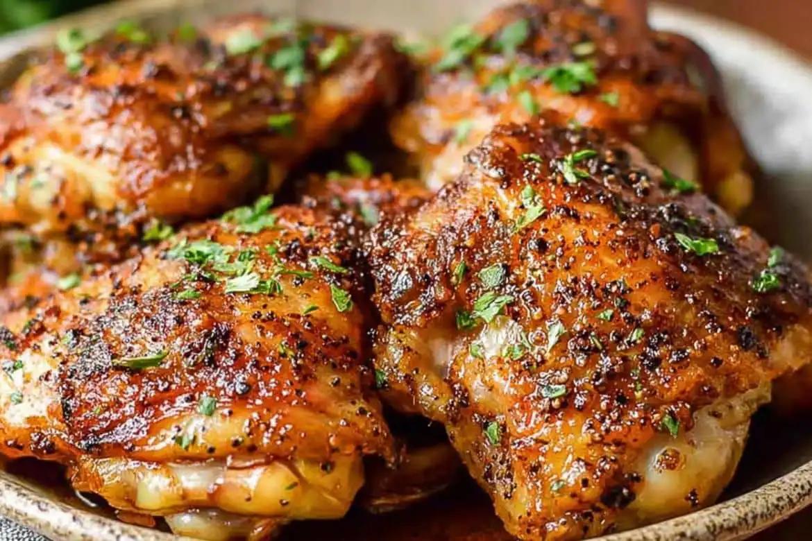 baked chicken thighs with crispy golden skin and herbs