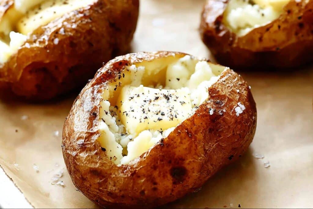 Baked potatoes in the oven with crispy skin and melting butter