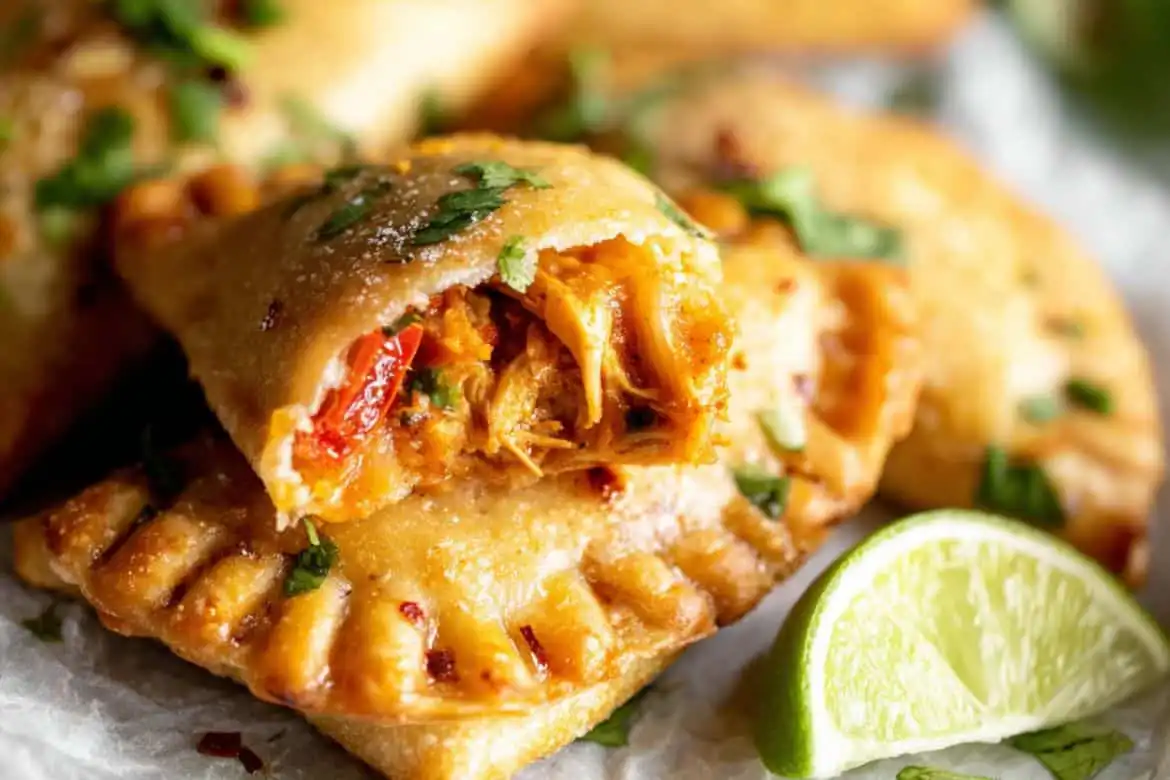 Chicken empanadas recipe with shredded chicken filling and lime wedge