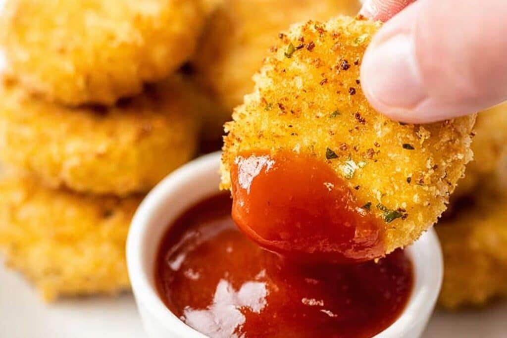 hand dipping crispy chicken nugget into ketchup