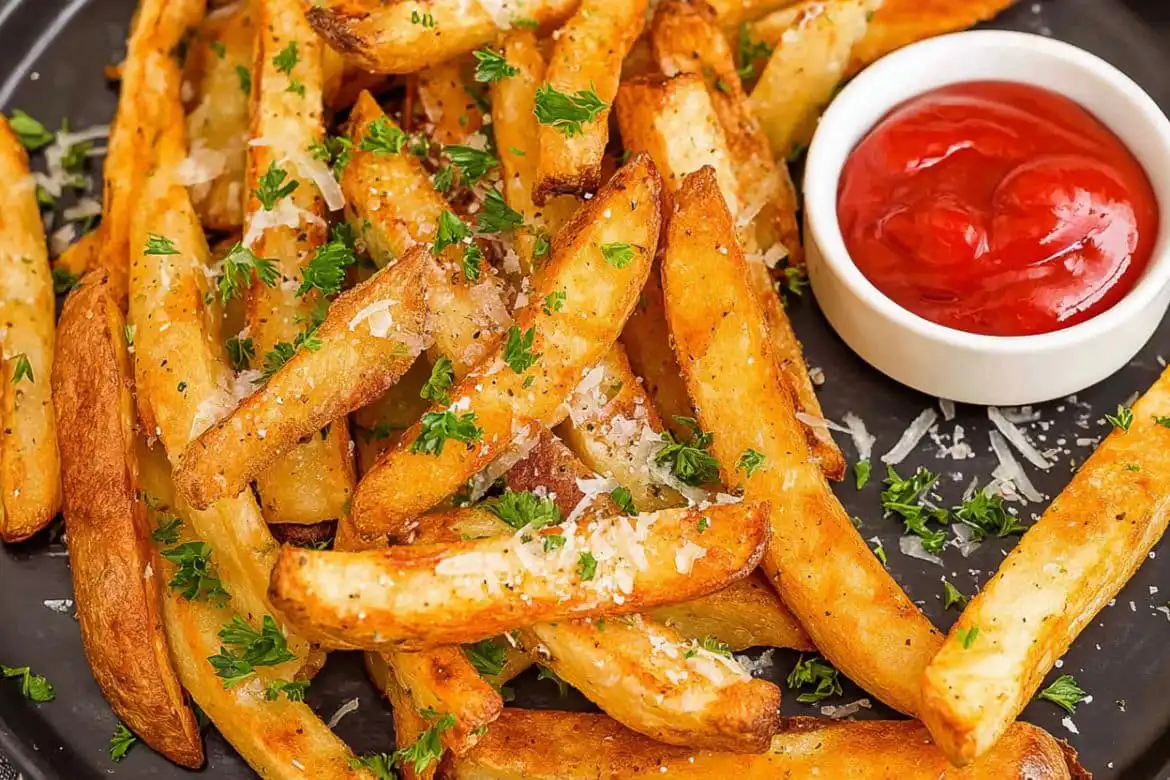 crispy homemade french fries in air fryer with parsley and parmesan